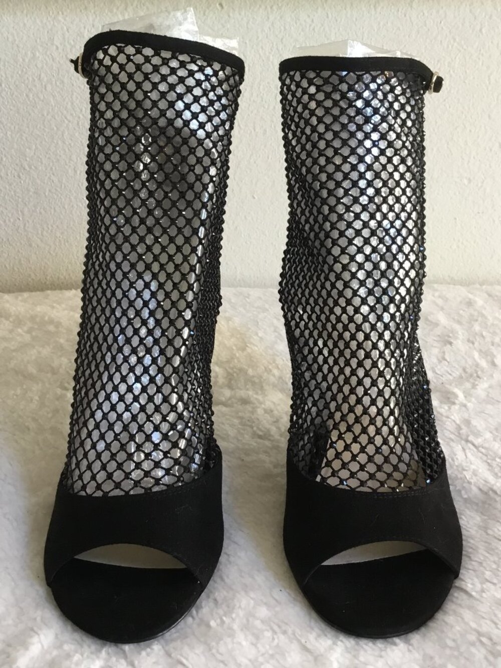 GUESS Kadre Mesh Embellished Stones Booties Peep Toe High Heels Suede Blk 10